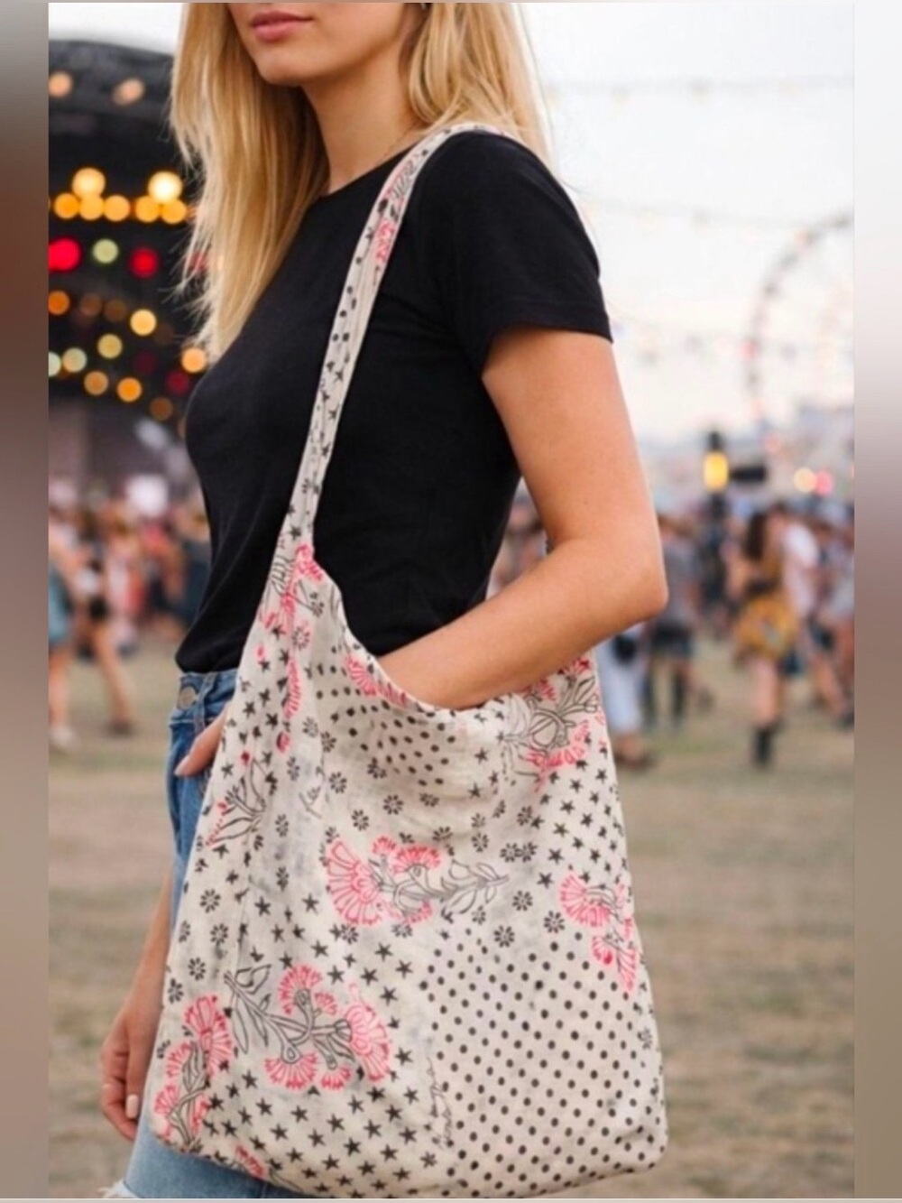 Free People Gauze Sling Tote Bag Polka Dot Floral Printed White Pink